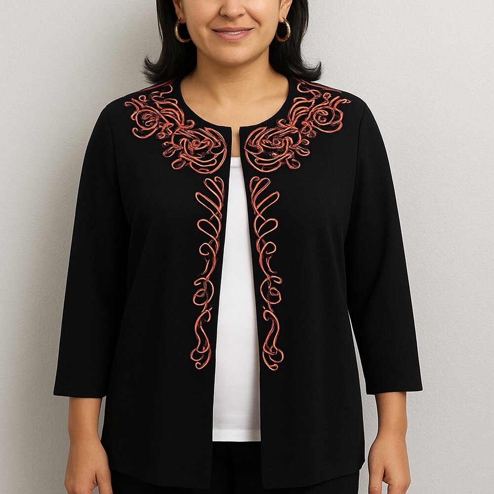 Ming Wang Womens 1x Black Coral Blazer Cardigan Sweater 3/4 Sleeve Open Front